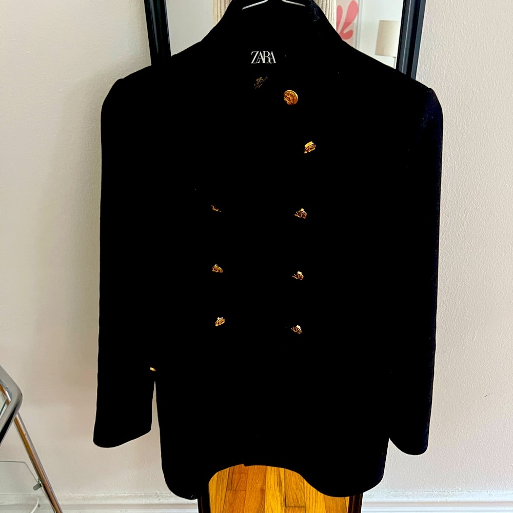 zara wool jacket black with gold buttons